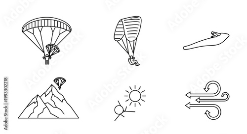 Paragliding extreme sports line icon set