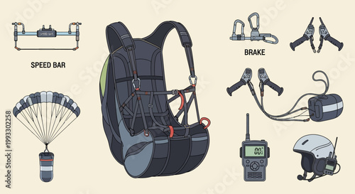 Paragliding equipment set with harness accessories