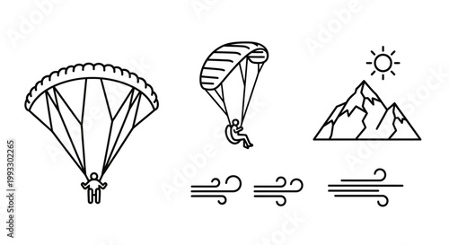 Paragliding icons set with mountain symbols