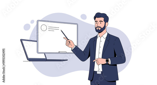 Businessman presenting on whiteboard with laptop, online education, business meeting, modern office