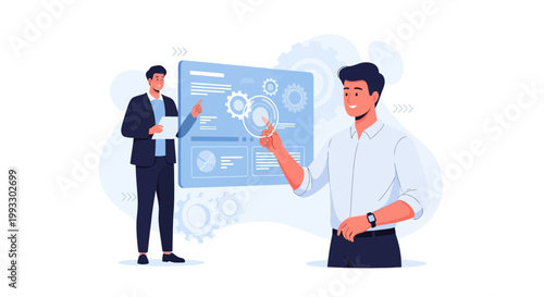 Businessmen analyzing data on interactive screen with gears and charts
