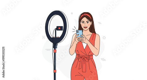 Young Woman Filming Selfie Video with Ring Light and Smartphone