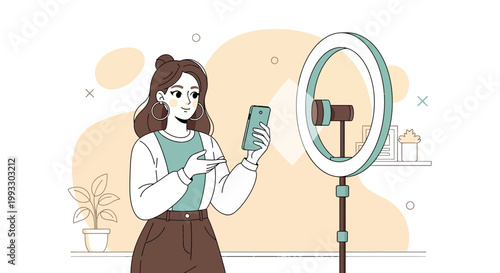 Young woman filming content with ring light and smartphone, influencer setup