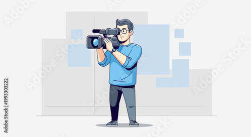 Cartoon cameraman filming with professional video camera, flat illustration style