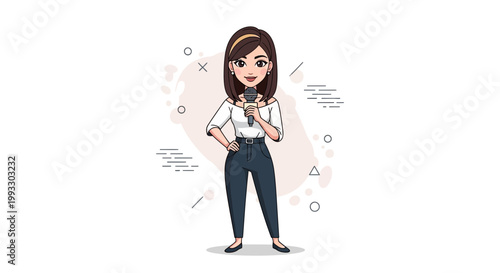 Cartoon Woman Reporter Holding Microphone, Presenting News with Confidence