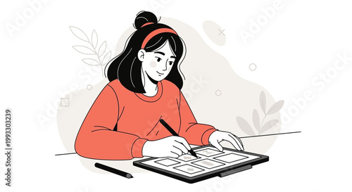 Young woman drawing on tablet, digital art, illustration, creative process, graphic design
