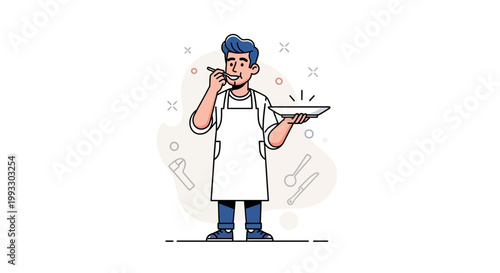 Chef tasting food from plate, wearing apron, kitchen utensils behind