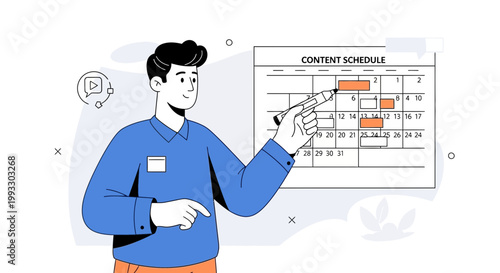 Content planning and scheduling concept, man with calendar and pencil