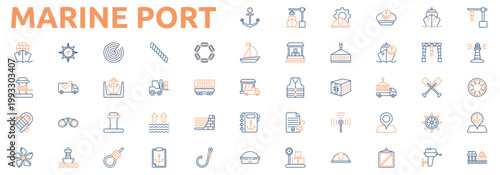 Marine Port icon set color outline style with anchor, port, engineer, captain, ship, crane, dock, harbor, lifebuoy, lighthouse, cargo, compass, radar icons