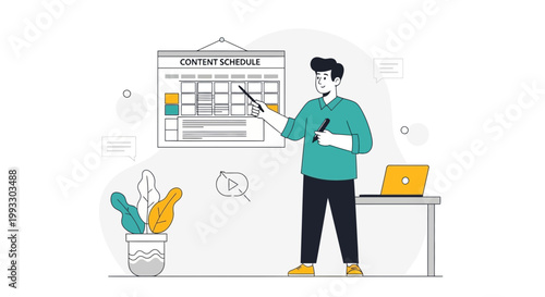 Content Schedule Planning Meeting: Man Presenting Marketing Strategy on Board