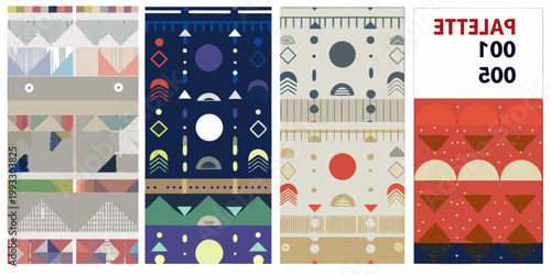 Geometric pattern swatches in varied colors and abstract shapes displayed