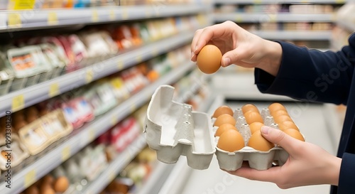 Customer selecting brown eggs in a supermarket aisle with blurred shelves in background