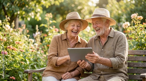Elderly couple laughing joyfully while looking at a tablet computer together outdoors