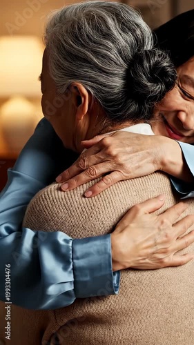 A heartwarming moment captured from behind shows a senior woman in a blue shirt embracing another person, signifying affection and comfort.