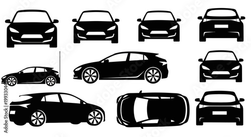 Set of Car Silhouettes: Front, Side, Rear, Top Views - Modern Electric Vehicle Icons