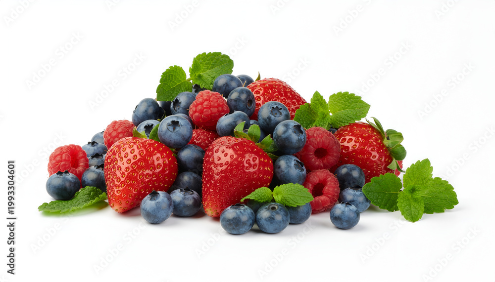Obraz premium Assorted fresh strawberries blueberries and raspberries with mint leaves.
