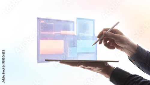 Fotografie Stylus interacting with holographic interface blocks in modular digital system on clean background