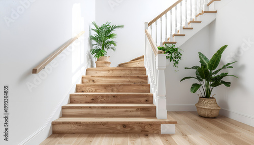 Bright wooden staircase with potted indoor plants and white walls.