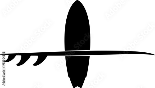 Black silhouette of a surfboard with fins isolated on white background
