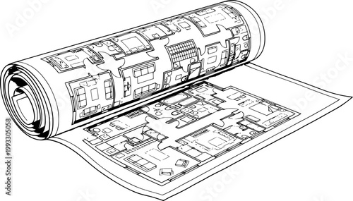 Black and white architectural blueprint roll with unrolled floor plan design isolated on white background
