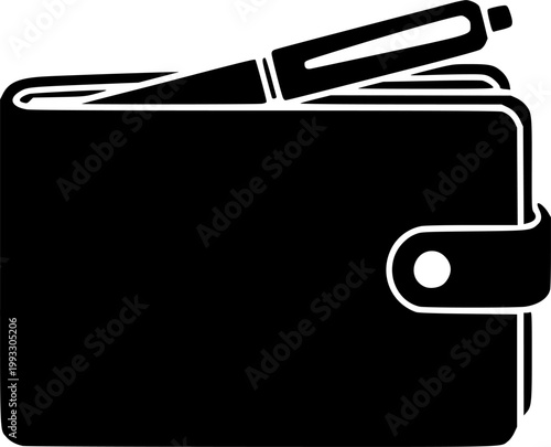 Minimalist black wallet with pen silhouette flat design isolated on white background
