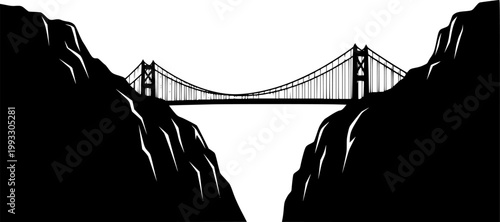 Black silhouette of a suspension bridge between two cliffs on a isolated on white background
