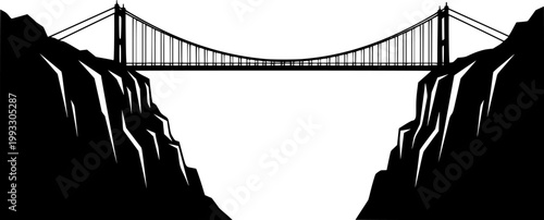 Black silhouette of a suspension bridge between two cliffs on a isolated on white background
