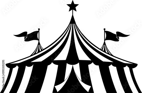 Black and white striped circus tent silhouette with star and flags isolated on white background
