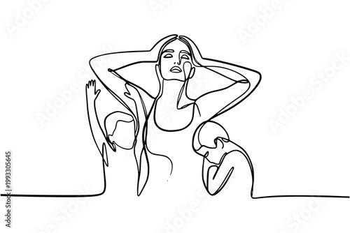 A mother with two children shown in minimalist line art on white background, expressing family stress concept. Concept of maternal and parental burnout