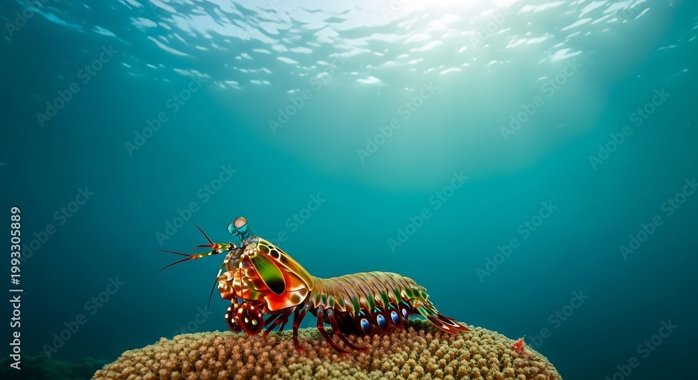 Fototapeta premium mantis shrimp resting on a simple coral surface