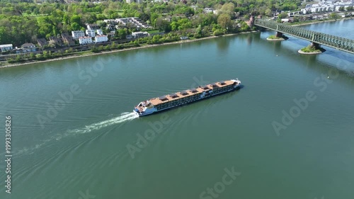 Industrial ship on River Rhine - aerial view