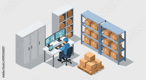фотографія Isometric view of a person managing inventory in a warehouse.