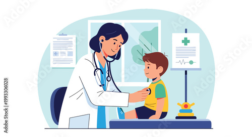Flat style vector illustration of child visiting doctor for routine checkup, pediatrician examining with stethoscope in friendly clinic, kids healthcare concept