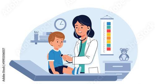 Flat style vector illustration of child visiting doctor for routine checkup, pediatrician examining with stethoscope in friendly clinic, kids healthcare concept