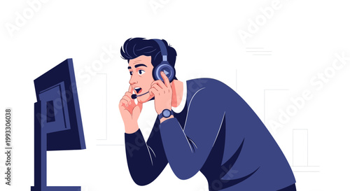 Customer service agent with headset on computer, online support, call center illustration