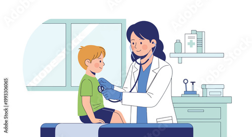Flat style vector illustration of child visiting doctor for routine checkup, pediatrician examining with stethoscope in friendly clinic, kids healthcare concept
