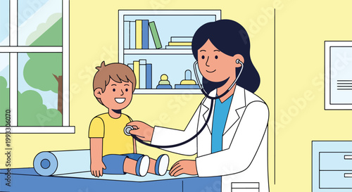 Flat style vector illustration of child visiting doctor for routine checkup, pediatrician examining with stethoscope in friendly clinic, kids healthcare concept