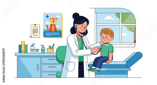 Flat style vector illustration of child visiting doctor for routine checkup, pediatrician examining with stethoscope in friendly clinic, kids healthcare concept