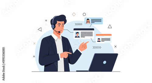 Customer service agent with headset pointing at laptop screen with user profiles