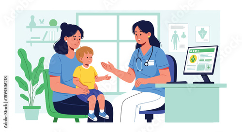 Flat style vector illustration of pediatric doctor consulting with child and parent in clinic, explaining health condition and providing care guidance in supportive environment