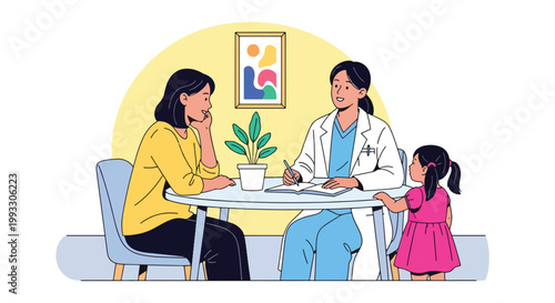 Flat style vector illustration of pediatric doctor consulting with child and parent in clinic, explaining health condition and providing care guidance in supportive environment