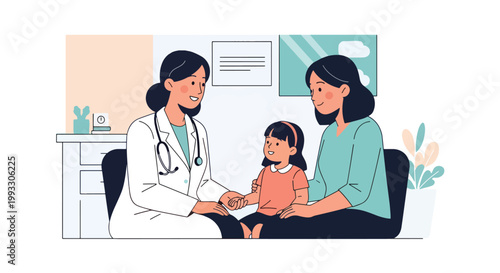 Flat style vector illustration of pediatric doctor consulting with child and parent in clinic, explaining health condition and providing care guidance in supportive environment