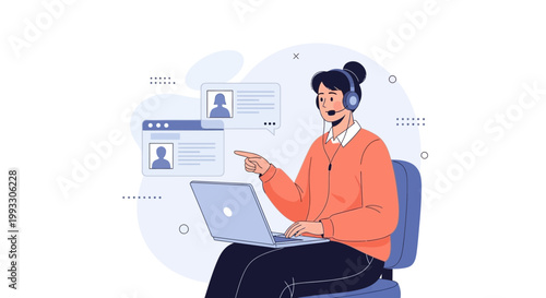Customer Support Agent with Headset and Laptop, Online Communication Concept