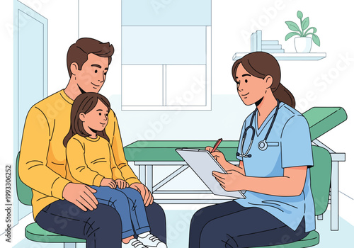 Flat style vector illustration of pediatric doctor consulting with child and parent in clinic, explaining health condition and providing care guidance in supportive environment