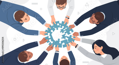 Diverse team assembling jigsaw puzzle, symbolizing teamwork, collaboration, and problem-solving.