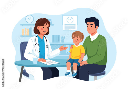 Flat style vector illustration of pediatric doctor consulting with child and parent in clinic, explaining health condition and providing care guidance in supportive environment