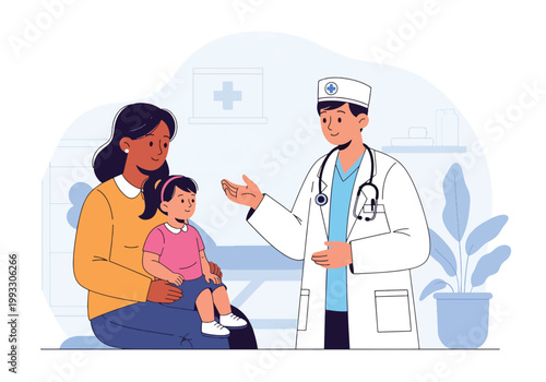 Flat style vector illustration of pediatric doctor consulting with child and parent in clinic, explaining health condition and providing care guidance in supportive environment