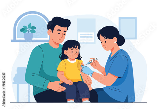 Flat style vector illustration of child receiving vaccine from nurse with parent support, healthcare prevention and immunization concept in safe clinic environment