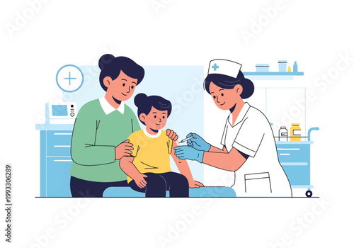 Flat style vector illustration of child receiving vaccine from nurse with parent support, healthcare prevention and immunization concept in safe clinic environment