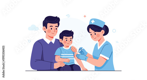 Flat style vector illustration of child receiving vaccine from nurse with parent support, healthcare prevention and immunization concept in safe clinic environment